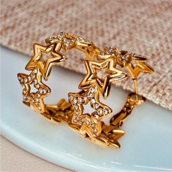 Free People Gold Star Pave CZ Statement Chunky Hoop Earrings - Picture 2 of 4